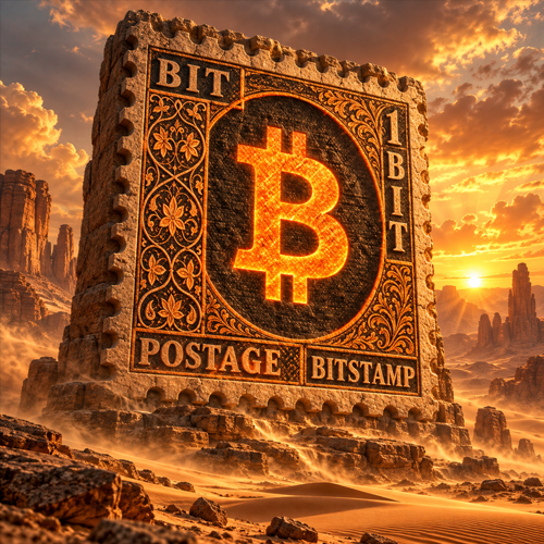 BitStamp monument standing in a desert sunset