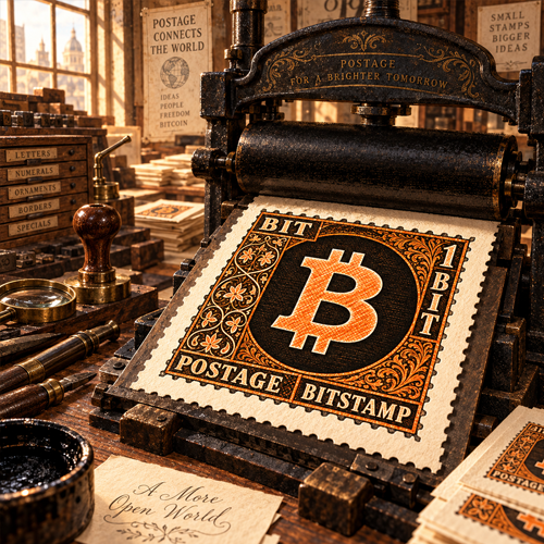 BitStamp stamp rolling through a vintage printing press
